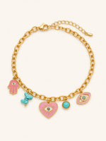 Load image into Gallery viewer, Evil Eye Charm Gold Bracelet with Enamel Heart & Hamsa