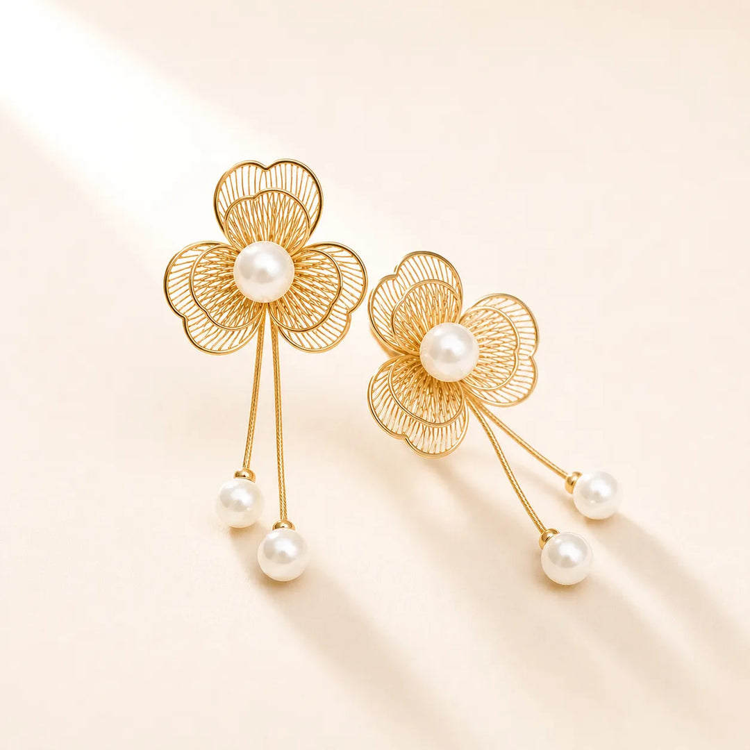 Floral Pearl Drop Statement Earrings