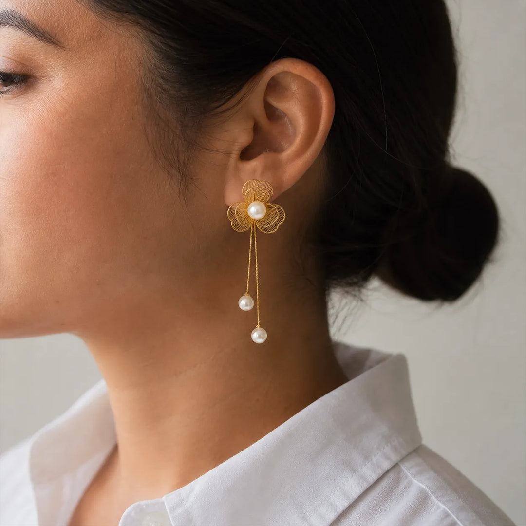 Floral Pearl Drop Statement Earrings