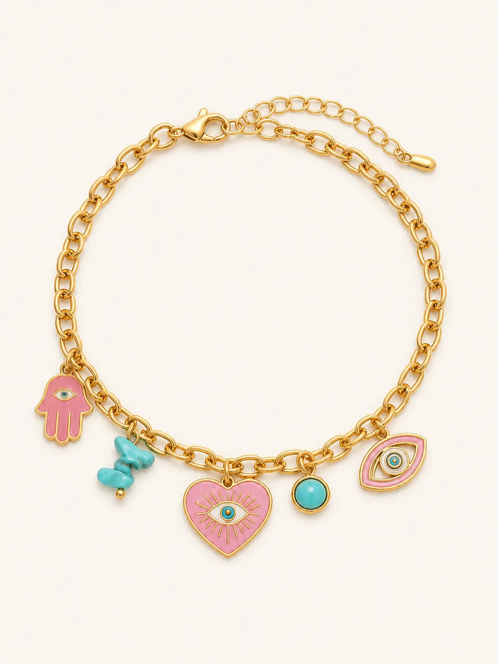 Evil Eye Charm Gold Bracelet with Enamel Heart & Hamsa